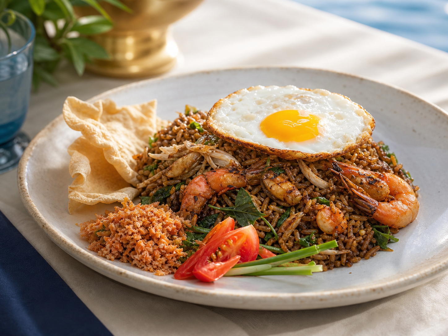Sri Lankan-style seafood fried rice with a crisp fried egg and sambol